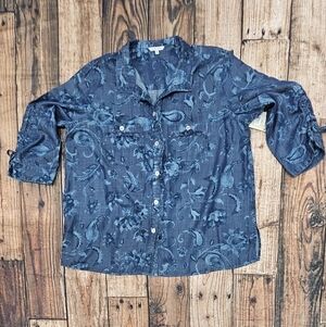 John Mark Women's Blue Watercolor Floral Print Blouse Size 1X NWT Button Up Ties